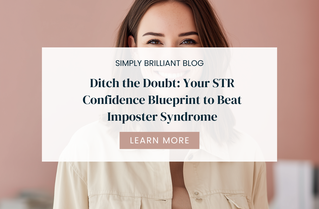 Smiling woman in a neutral-toned office space, representing confidence and overcoming Imposter Syndrome.