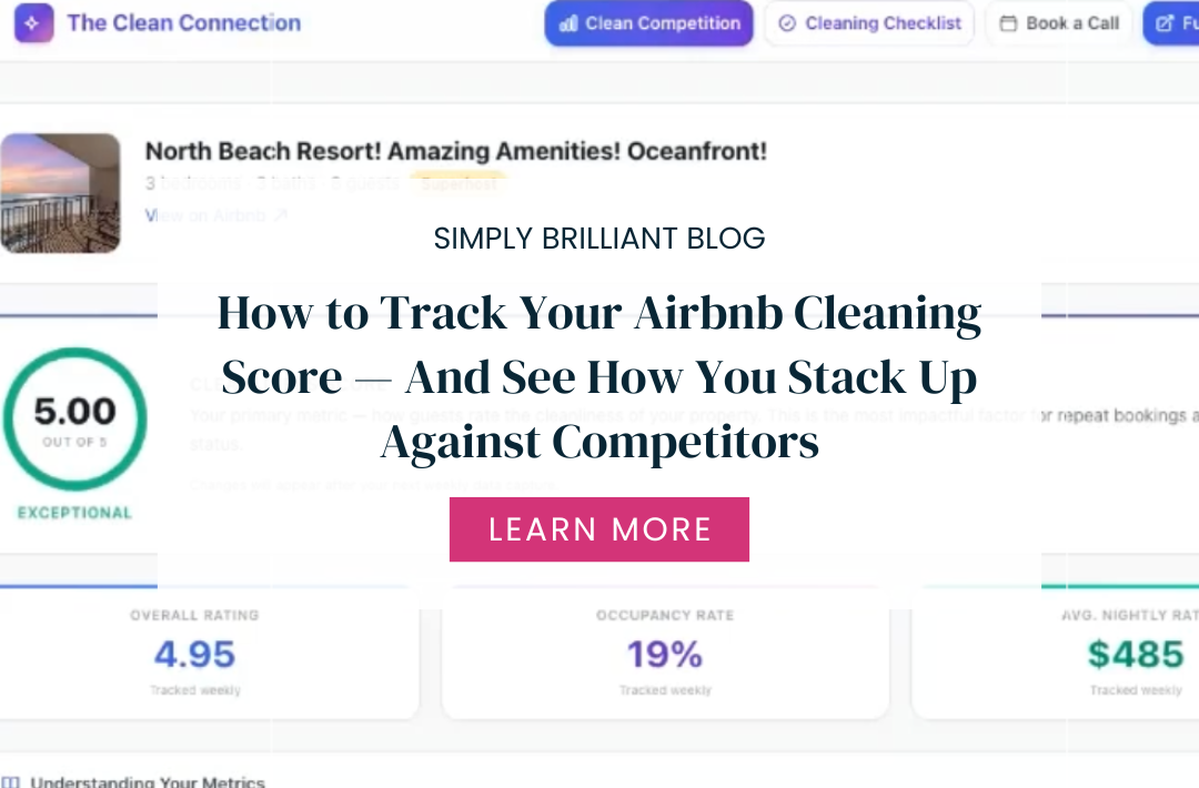 Clean Connection dashboard showing Airbnb cleaning score tracker and competitor benchmarking