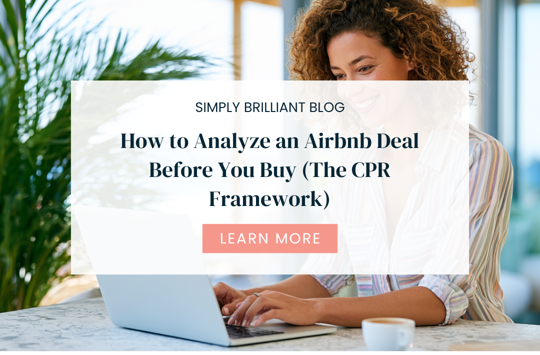 A woman reviewing financial documents or a spreadsheet at a desk — alt text: "Woman analyzing an Airbnb deal using the CPR framework before making an offer